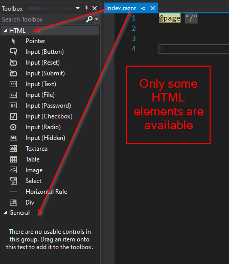 no components in the toolbox for blazor components