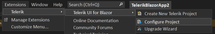 Telerik UI for Blazor Visual Studio 2022 Extensions menu