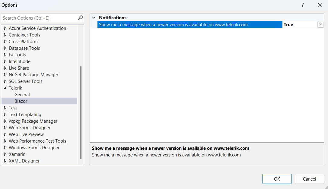 Telerik UI for Blazor Visual Studio Extensions Options - Notifications