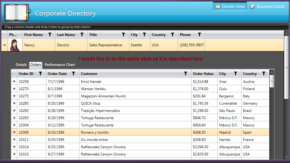 datagridview wpf example How to: group, sort, and filter data in the datagrid control.