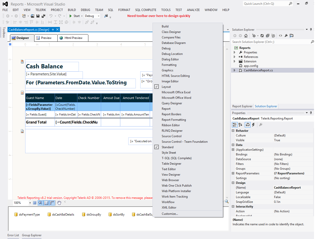 how to enable telerik report designer toolbar on visual telerik report designer visual studio 2017