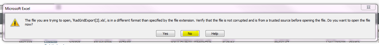radgrid export to excel with warning message grid ui for asp net file format and extension doesn t match excel