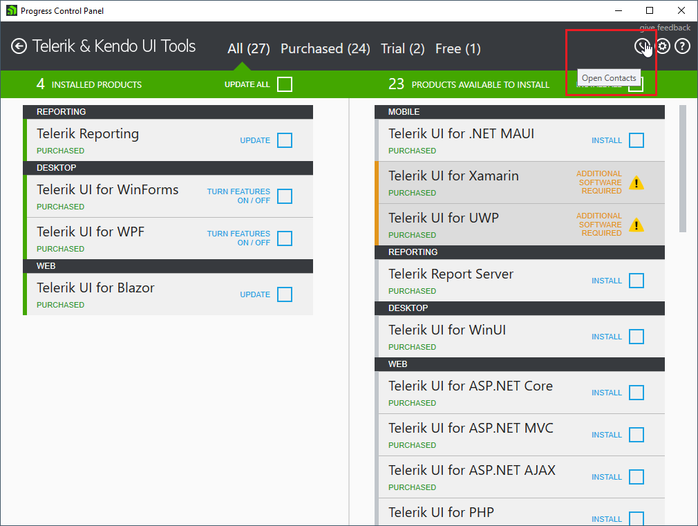 Contacts Telerik Control Panel