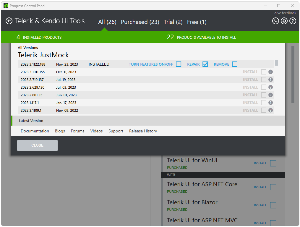 Repair Version Telerik Product