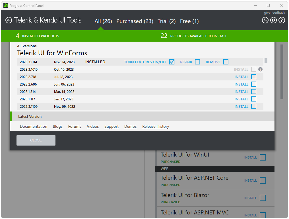 Turn On Off Features Parallel Telerik Product