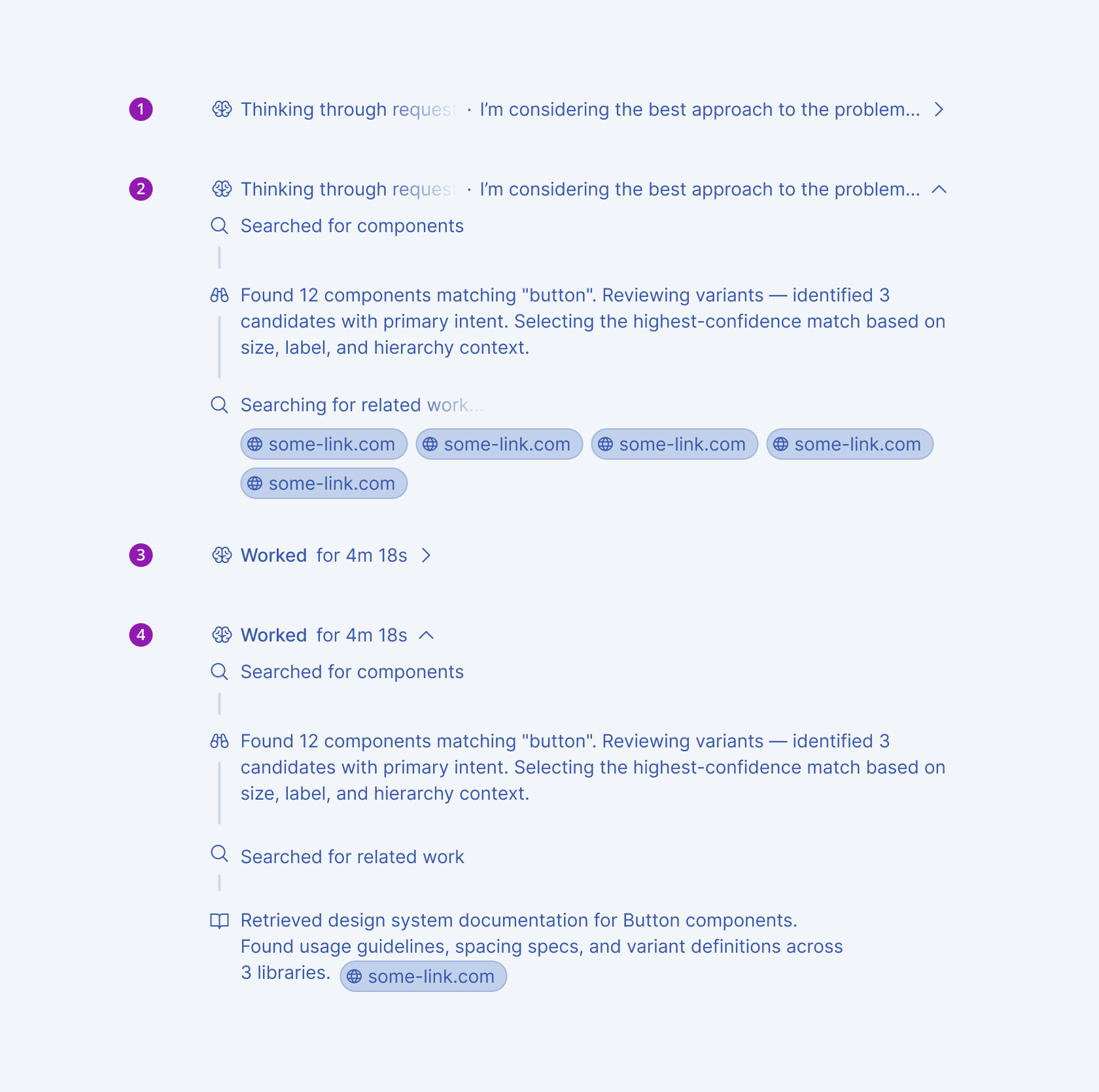 States of a Telerik and Kendo UI Chain of Thought component: collapsed in progress, expanded in progress, collapsed completed, and expanded completed. A Telerik and Kendo UI Chain of Thought component shown in its collapsed and expanded states, both in progress and completed.