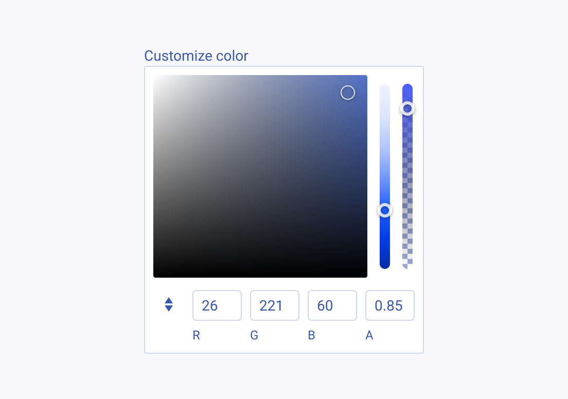 Use the Telerik and Kendo UI ColorGradient to allow precise color selection. A Telerik and Kendo UI ColorGradient providing precise color selection