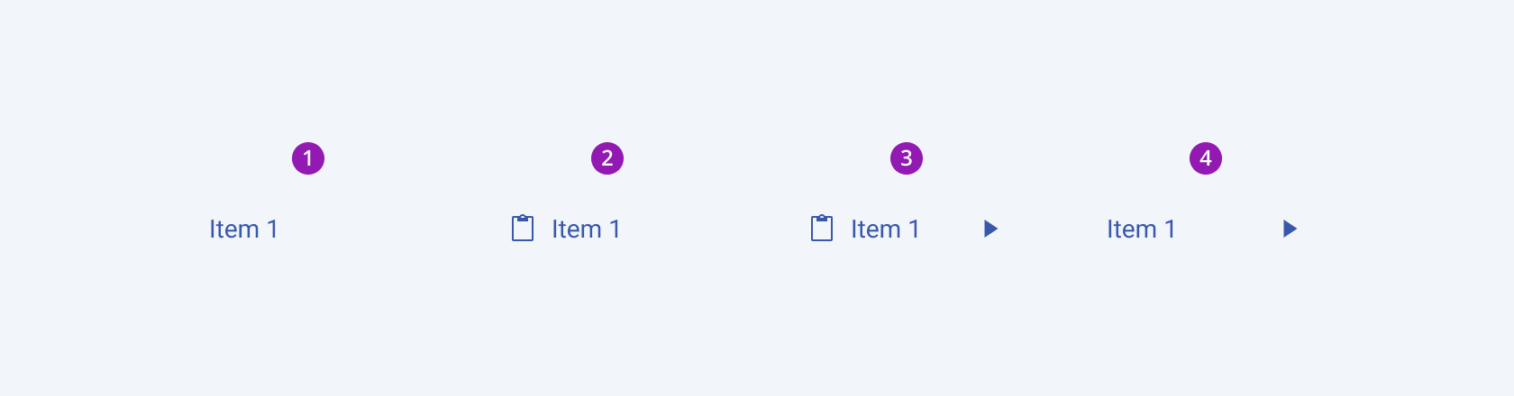 The four possible variants of the Telerik and Kendo UI ContextMenu component A Telerik and Kendo UI ContextMenu component and its possible variants including label only submenu item, submenu item with icon before, submenu item with icon before and expand icon, and submenu with expand icon.
