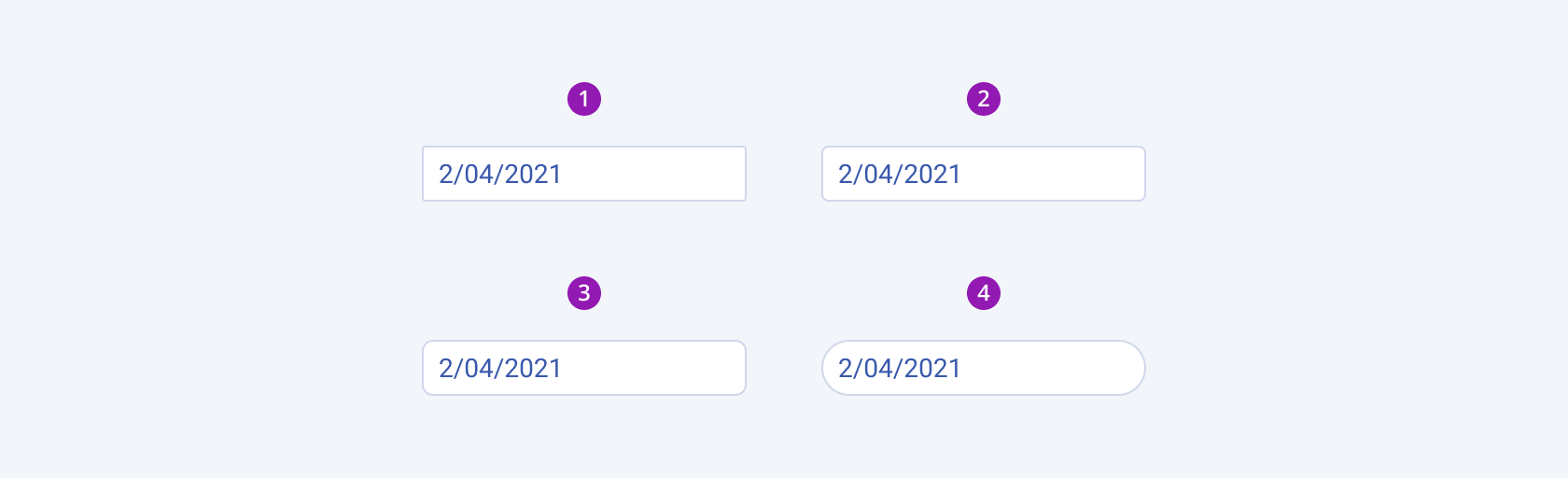 Available border radiuses in the Telerik and Kendo UI DateInput component including small, default medium, large, and full. Four Telerik and Kendo UI DateInput components demonstrating the small, default medium, large, and full fill modes respectively.