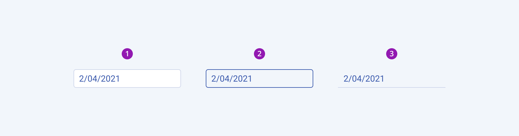 Available fill modes in the Telerik and Kendo UI DateInput component including default solid, outline, and flat. Three Telerik and Kendo UI DateInput components demonstrating the default solid, outline, and flat fill modes respectively.