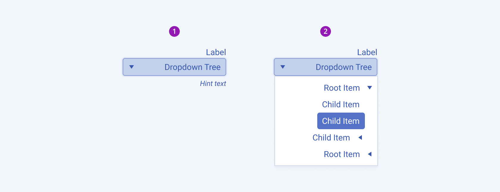 Collapsed and expanded states of a Telerik and Kendo UI DropDownTree demonstrating the right-to-left option. A Telerik and Kendo UI DropDownTree in collapsed and expanded state demonstrating the right-to-left option.