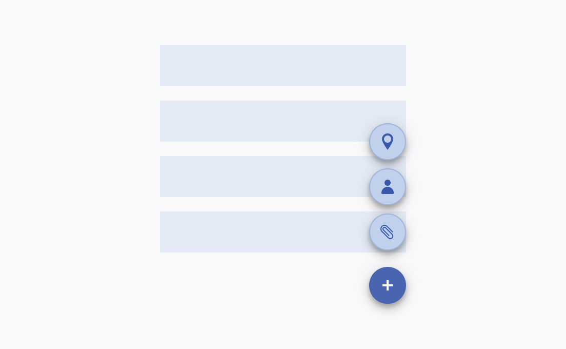 Render a Telerik and Kendo UI FloatingActionButton with multiple items in different colors to imply different levels of importance. A Telerik and Kendo UI FloatingActionButton with multiple events.