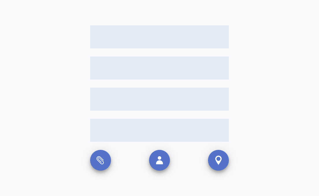 Do not render Telerik and Kendo UI FloatingActionButton with the same fill mode and color if they imply different levels of importance. Three Telerik and Kendo UI FloatingActionButton with the same fill mode and color in a container.