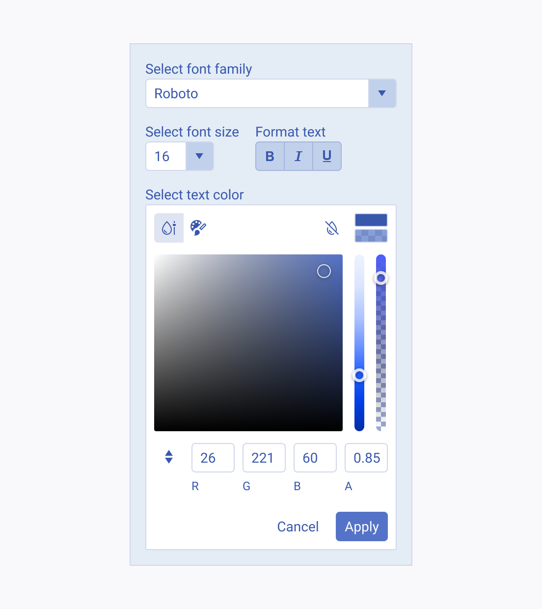 Use the Telerik and Kendo UI FlatColorPicker to offer a wide spectrum of color options to choose from. A Telerik and Kendo UI FlatColorPicker offering a wide spectrum of color options