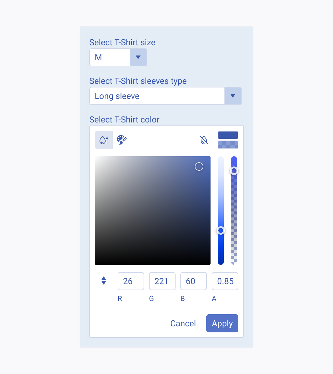 Don't use the Telerik and Kendo UI FlatColorPicker when the available color options are limited. A Telerik and Kendo UI FlatColorPicker improperly used instead of a ColorPalette