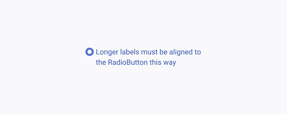 Align the Telerik and Kendo UI RadioButton after you consider the row height of its label. A Telerik and Kendo UI RadioButton aligned to the upper-center relative to the height of the label row that spans three lines.
