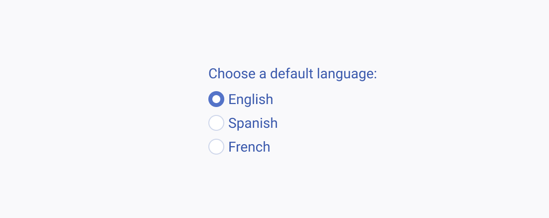 Use short, simple, and concise content for representing the text labels of the Telerik and Kendo UI RadioButtons. A group of six Telerik and Kendo UI RadioButtons for selecting a default language and using a short and concise text label for each available choice.