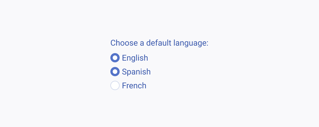 Do not allow two or more options to be selected when these options have been implemented with Telerik and Kendo UI RadioButtons. A group of six Telerik and Kendo UI RadioButtons for selecting a default language, showing that the user was able to choose two of the available options.