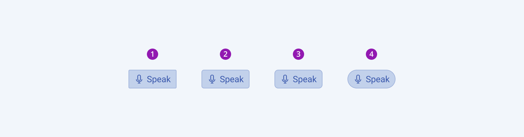 Available border radiuses of the Telerik and Kendo UI SpeechToTextButton including small, default medium, large, and full. Four Telerik and Kendo UI SpeechToTextButton demonstrating the small, medium, large, and full border radius respectively.