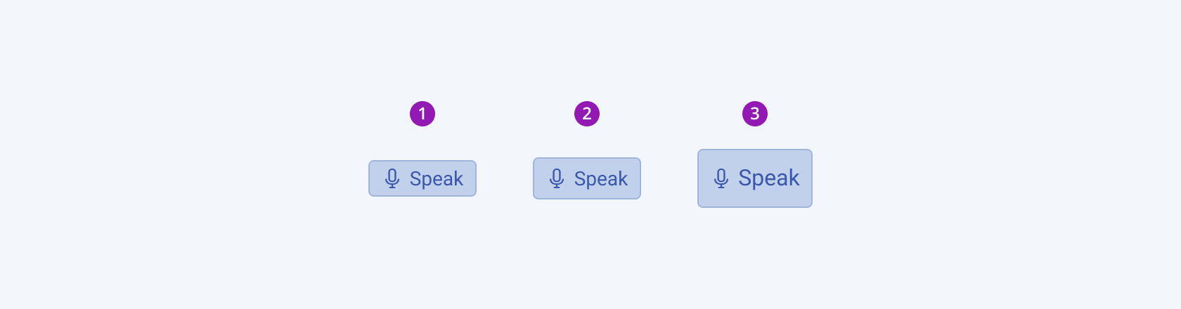 Available sizes in the Telerik and Kendo UI SpeechToTextButton component including small, default medium, and large. Three Telerik and Kendo UI SpeechToTextButton components demonstrating the small, medium, and large sizes respectively.