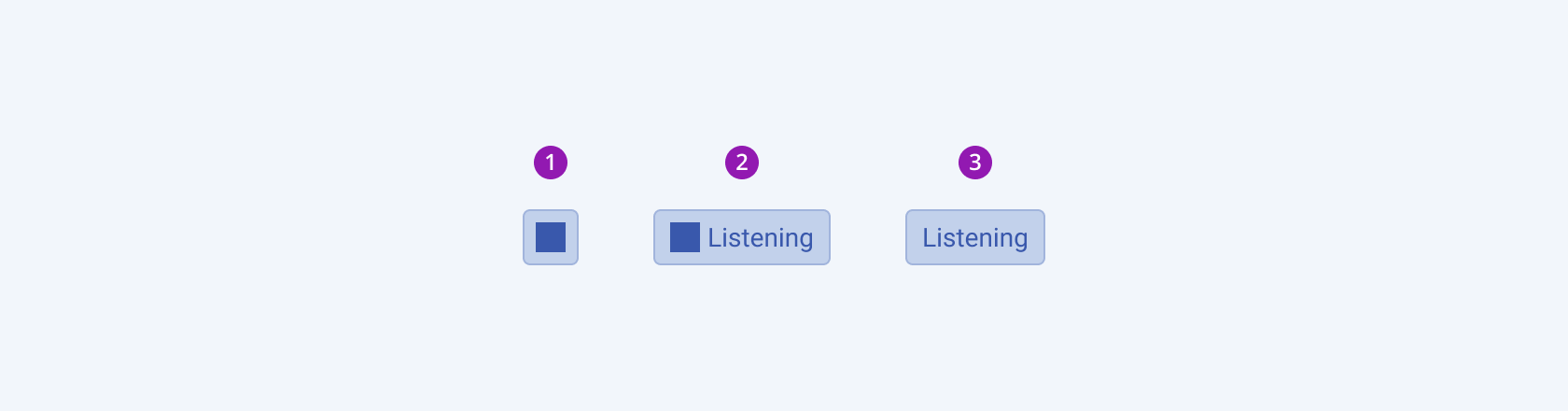Three available variants of the Telerik and Kendo UI SpeechToTextButton component including an icon-only, icon-and-text, and text-only buttons in their active state. Three variants of the Telerik and Kendo UI SpeechToTextButton component showing an icon-only button, an icon-and-text button, and a text-only button in their active state.