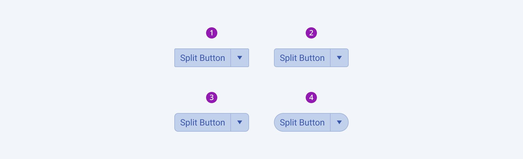 Available border radiuses in the Telerik and Kendo UI SplitButton component including small, default medium, large, and full. Four Telerik and Kendo UI SplitButton components demonstrating the small, default medium, large, and full fill border radiuses respectively.