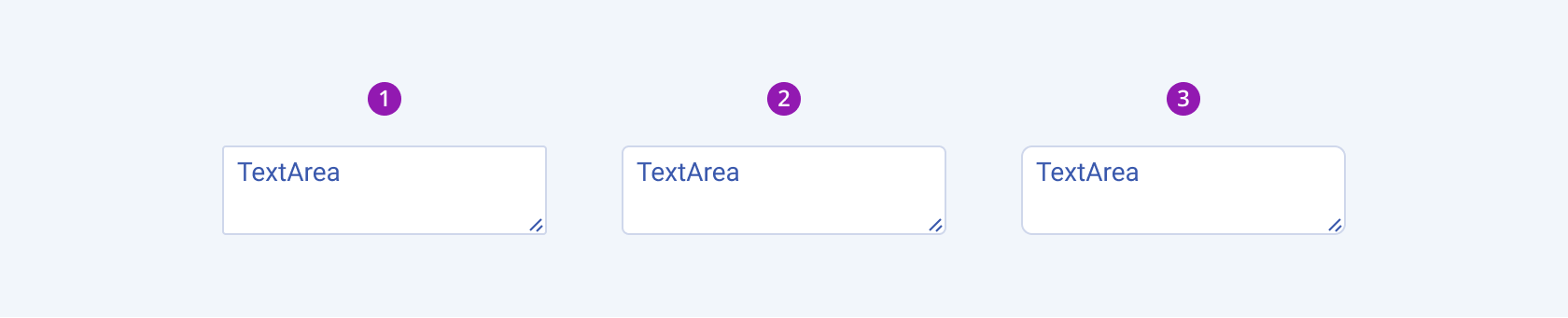 Available border radiuses in the Telerik and Kendo UI TextArea component including small, default medium, and large. Three Telerik and Kendo UI TextArea components demonstrating the small, default medium, and large fill modes respectively.