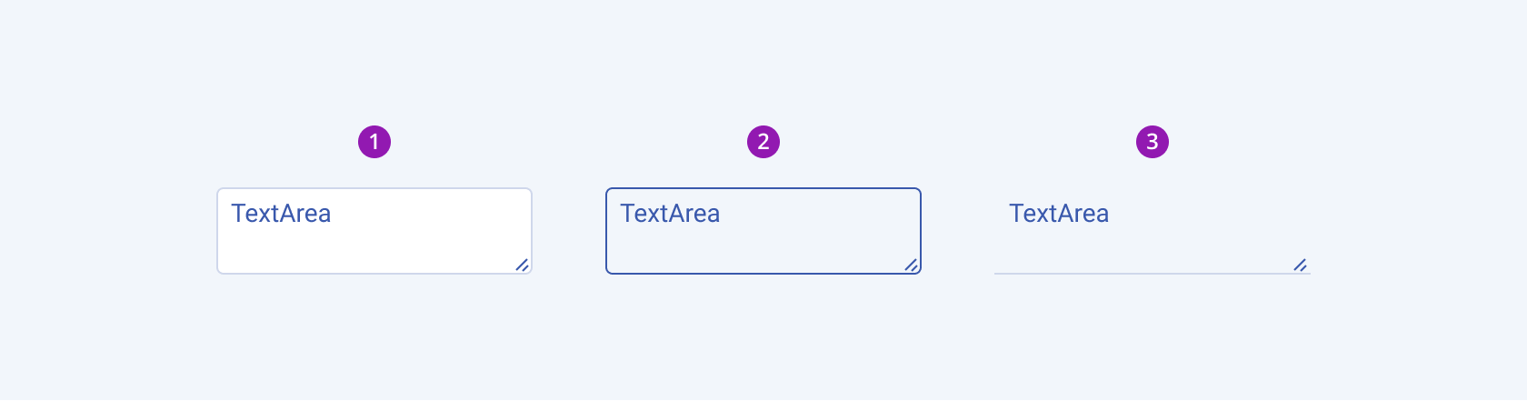 Available fill modes in the Telerik and Kendo UI TextArea component including default solid, outline, and flat. Three Telerik and Kendo UI TextArea components demonstrating the default solid, outline, and flat fill modes respectively.