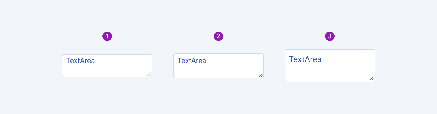 Available sizes in the Telerik and Kendo UI TextArea component including small, default medium, and large. Three Telerik and Kendo UI TextArea components demonstrating the small, default medium, and large sizes respectively.