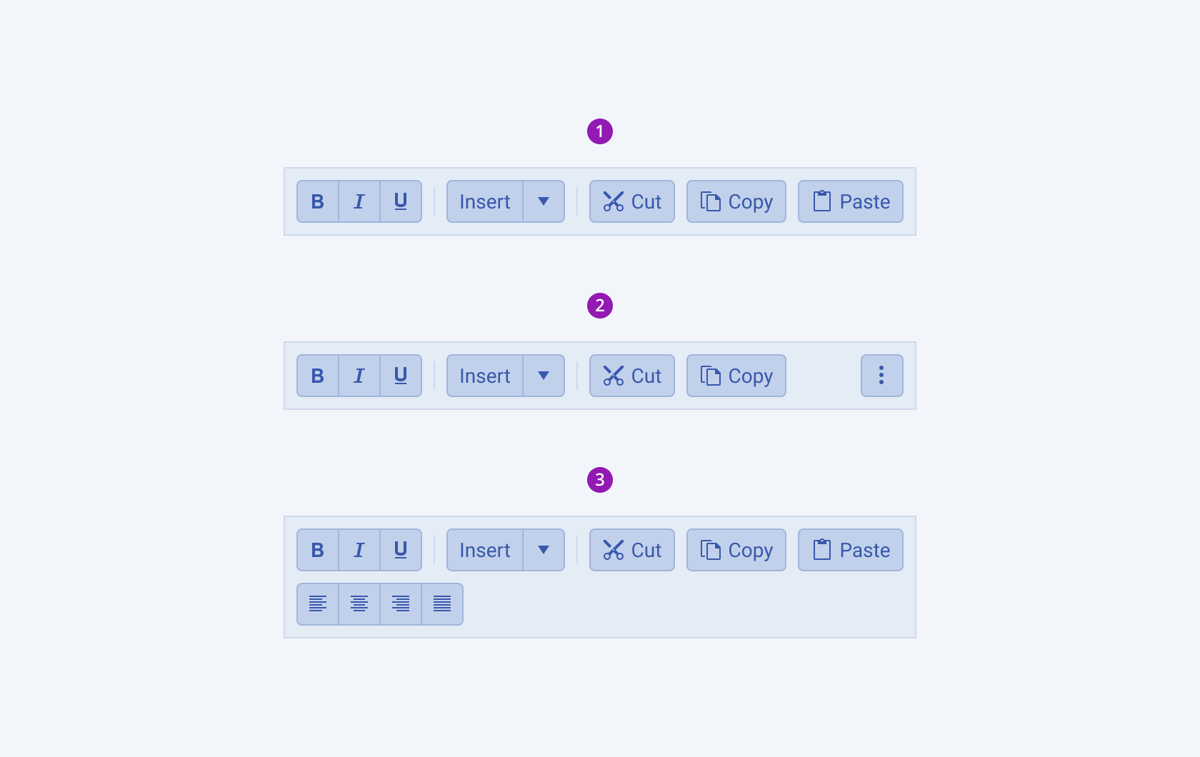 Three available variants in the Telerik and Kendo UI ToolBar component including a a ToolBar with items that fit its width, a responsive ToolBar with an overflow button, and a wrapped ToolBar that displays its items in two lines. Three variants of the Telerik and Kendo UI ToolBar component showing a ToolBar with items that fit its width, a responsive ToolBar with an overflow button, and a wrapped ToolBar that displays its items in two lines.