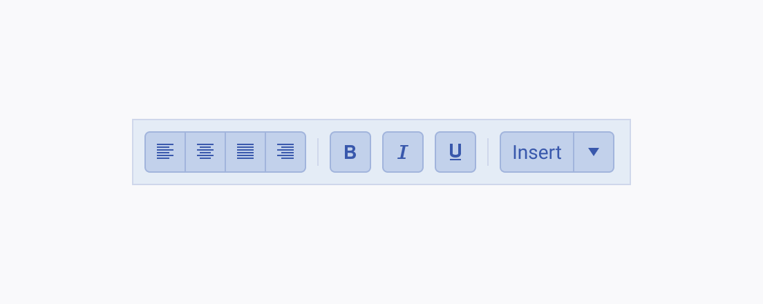 Render Telerik and Kendo UI ToolBar with a few groups of items, divided by separators. A Telerik and Kendo UI ToolBar demonstrating grouping of its items with separators between the semantic groups.