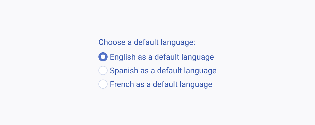 Do not render complex, sophisticated, long, and vague content for the text labels of the Telerik and Kendo UI RadioButtons. A group of six Telerik and Kendo UI RadioButtons for selecting a default language, using repetitive and long text labels for each available choice.