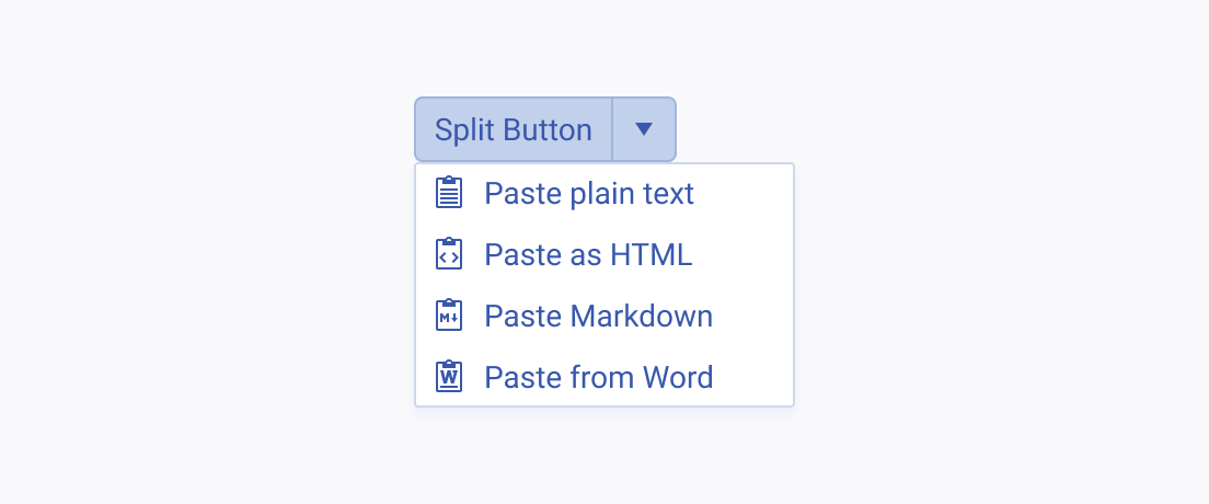 Group similar actions or commands within the drop-down menu of the Telerik and Kendo UI SplitButton in a logical way. A Telerik and Kendo UI SplitButton displaying four related paste options within its drop-down menu.