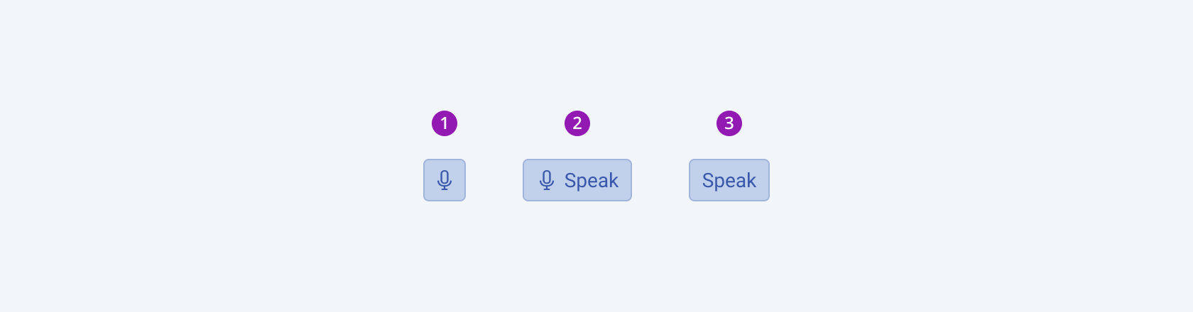 Three variants of the Telerik and Kendo UI SpeechToTextButton component showing an icon-only button, an icon-and-text button, and a text-only button in their normal state.