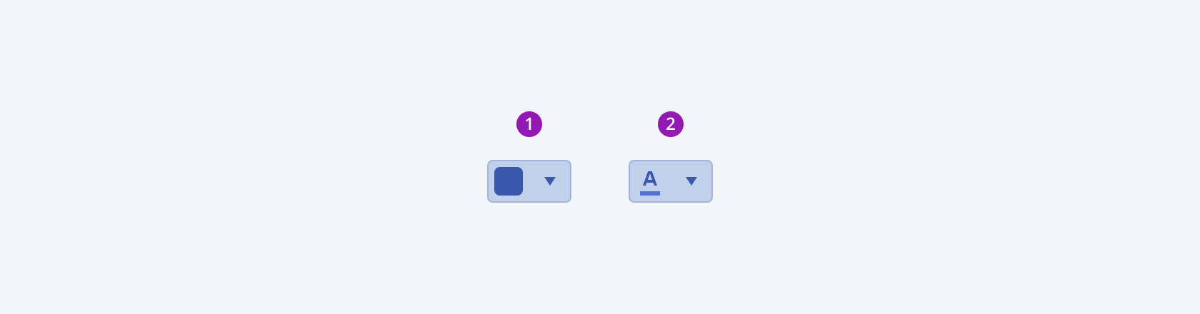 Two variants of a Telerik and Kendo UI ColorPicker component showing color swatch and icon with a color indicator