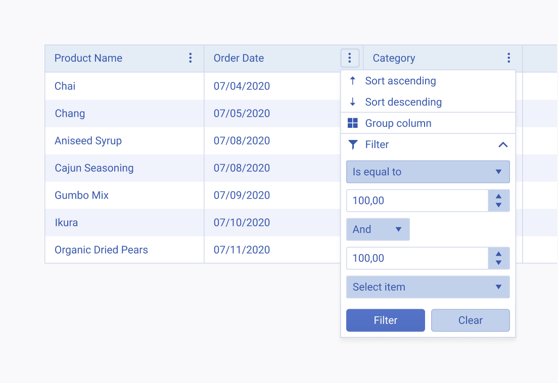 Do not place your filtering options in the column menu if your users need to be able to quickly filter the data in the grid. A Telerik and Kendo UI Grid with filtering options placed in the column menu.