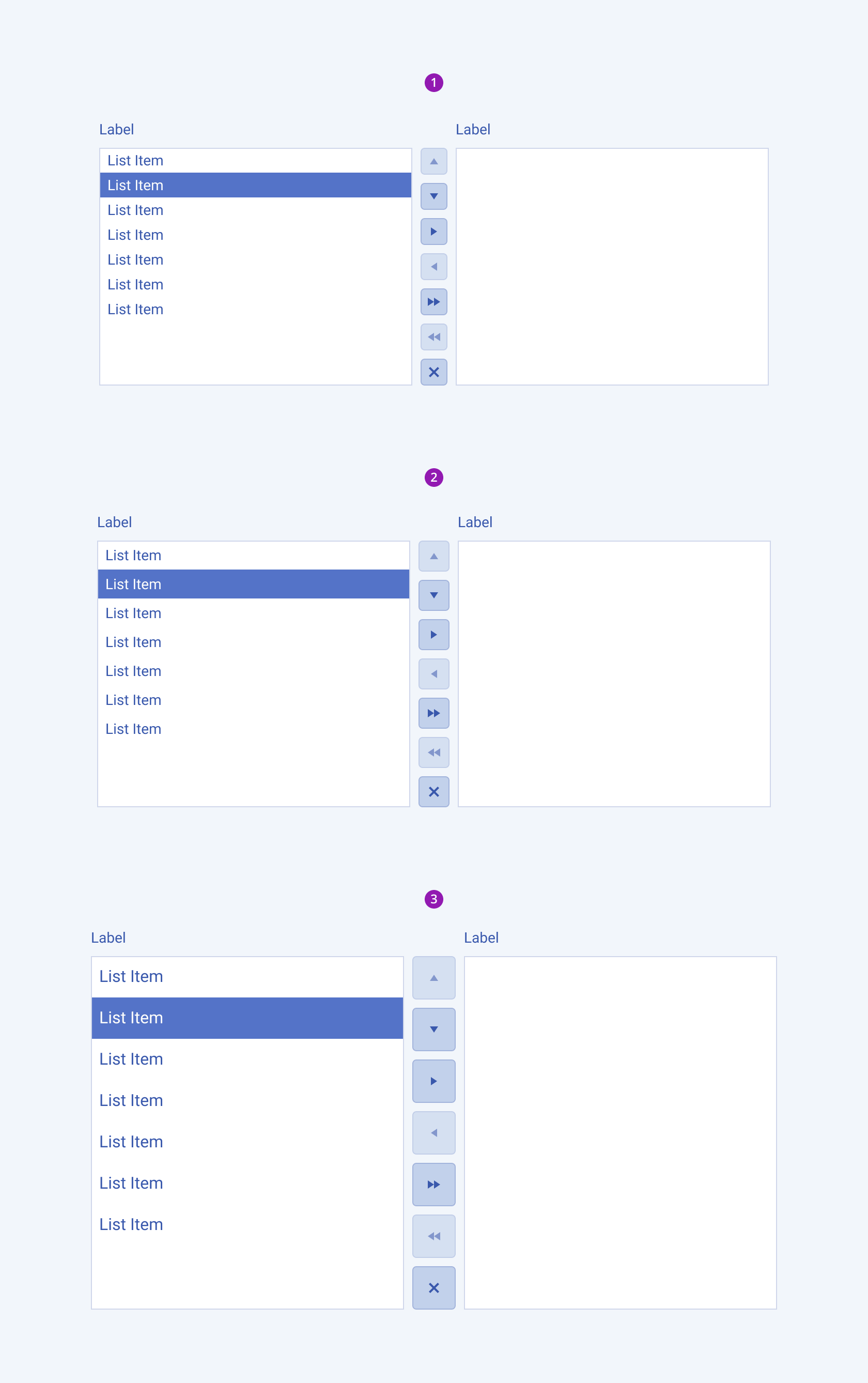 Available sizes in the Telerik and Kendo UI ListBox component including small, default medium, and large Three Telerik and Kendo UI ListBox components demonstrating the small, medium, and large sizes respectively
