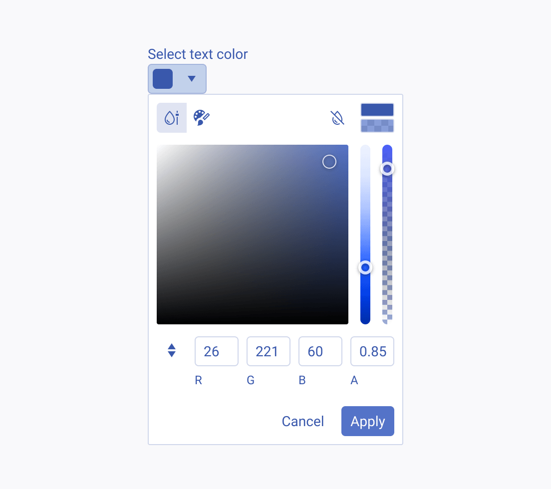 Use a Telerik and Kendo UI ColorPicker when you need to allow the user to select from a wide spectrum of colors. A Telerik and Kendo UI ColorPicker offering a wide spectrum of colors