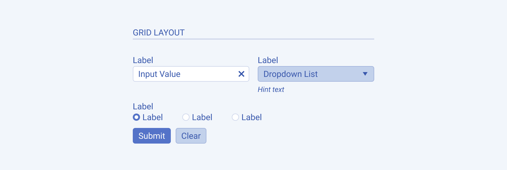 A representation of the grid layout of the Telerik and Kendo UI Form A Telerik and Kendo UI Form component with a grid layout