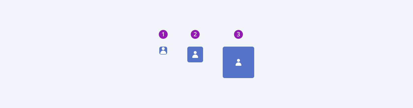 Three Telerik and Kendo UI Avatar components demonstrating the small, medium, and large sizes respectively.