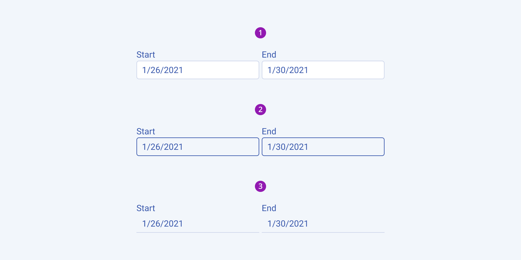 Available fill modes in the Telerik and Kendo UI DateRangePicker component including default solid, outline, and flat. Three Telerik and Kendo UI DateRangePicker components demonstrating the default solid, outline, and flat fill modes, respectively.