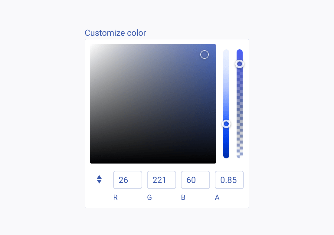 Use the Telerik and Kendo UI ColorGradient to allow precise color selection. A Telerik and Kendo UI ColorGradient providing precise color selection