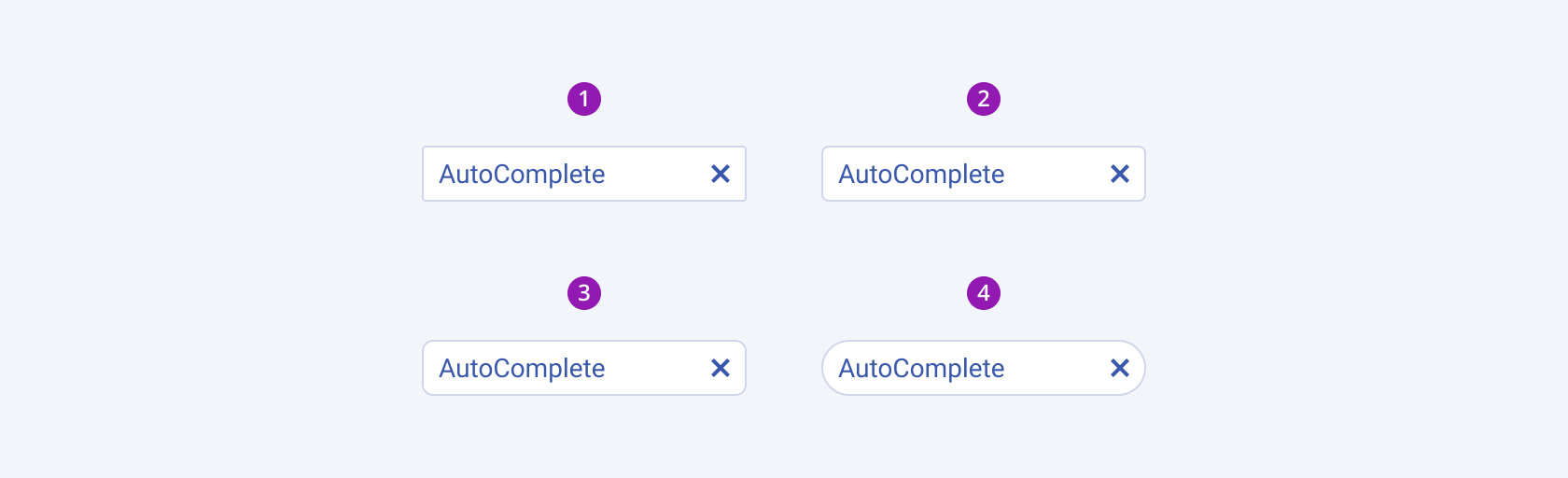 Available border radiuses in the Telerik and Kendo UI AutoComplete component including small, default medium, large, and full. Four Telerik and Kendo UI AutoComplete components demonstrating the small, default medium, large, and full fill modes respectively.