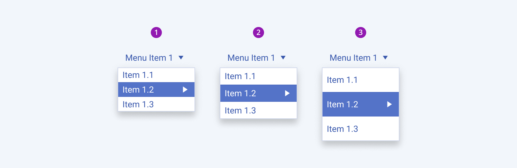 Three Telerik and Kendo UI Menu components demonstrating the small, default medium, and large sizes of the submenu items..