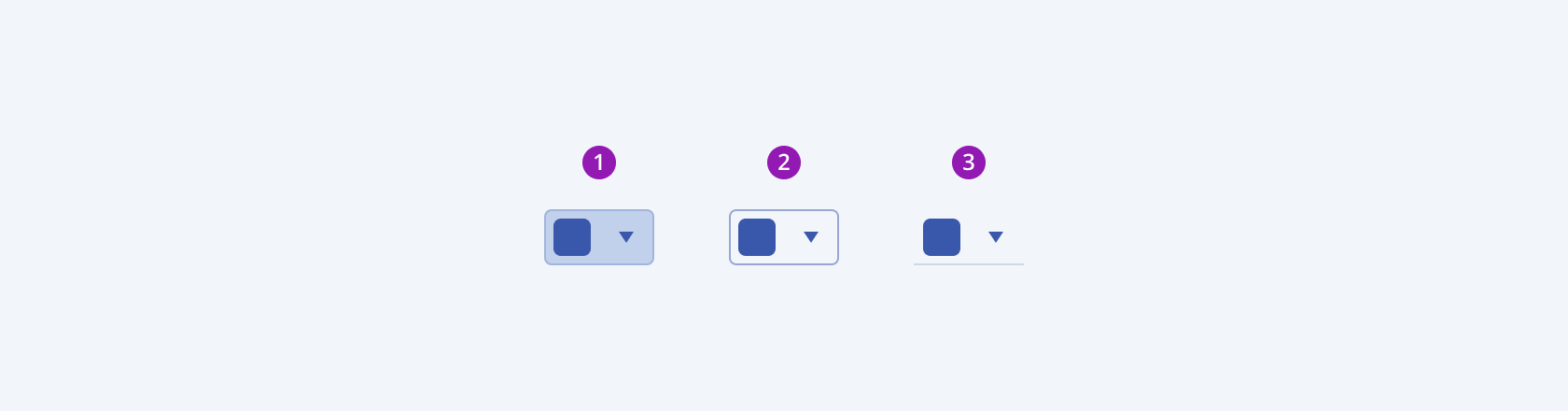 Three Telerik and Kendo UI ColorPicker components demonstrating the default solid, outline, and flat fill modes respectively