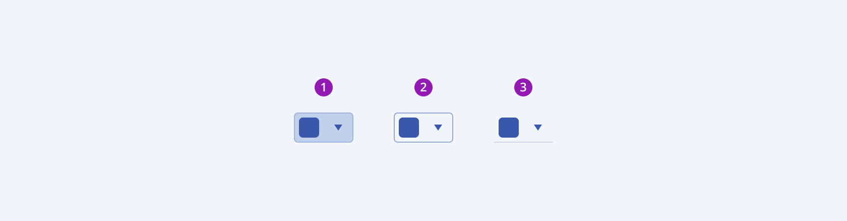 Available fill modes in the Telerik and Kendo UI ColorPicker components demonstrating the default solid, outline, and flat fill modes respectively Three Telerik and Kendo UI ColorPicker components demonstrating the default solid, outline, and flat fill modes respectively