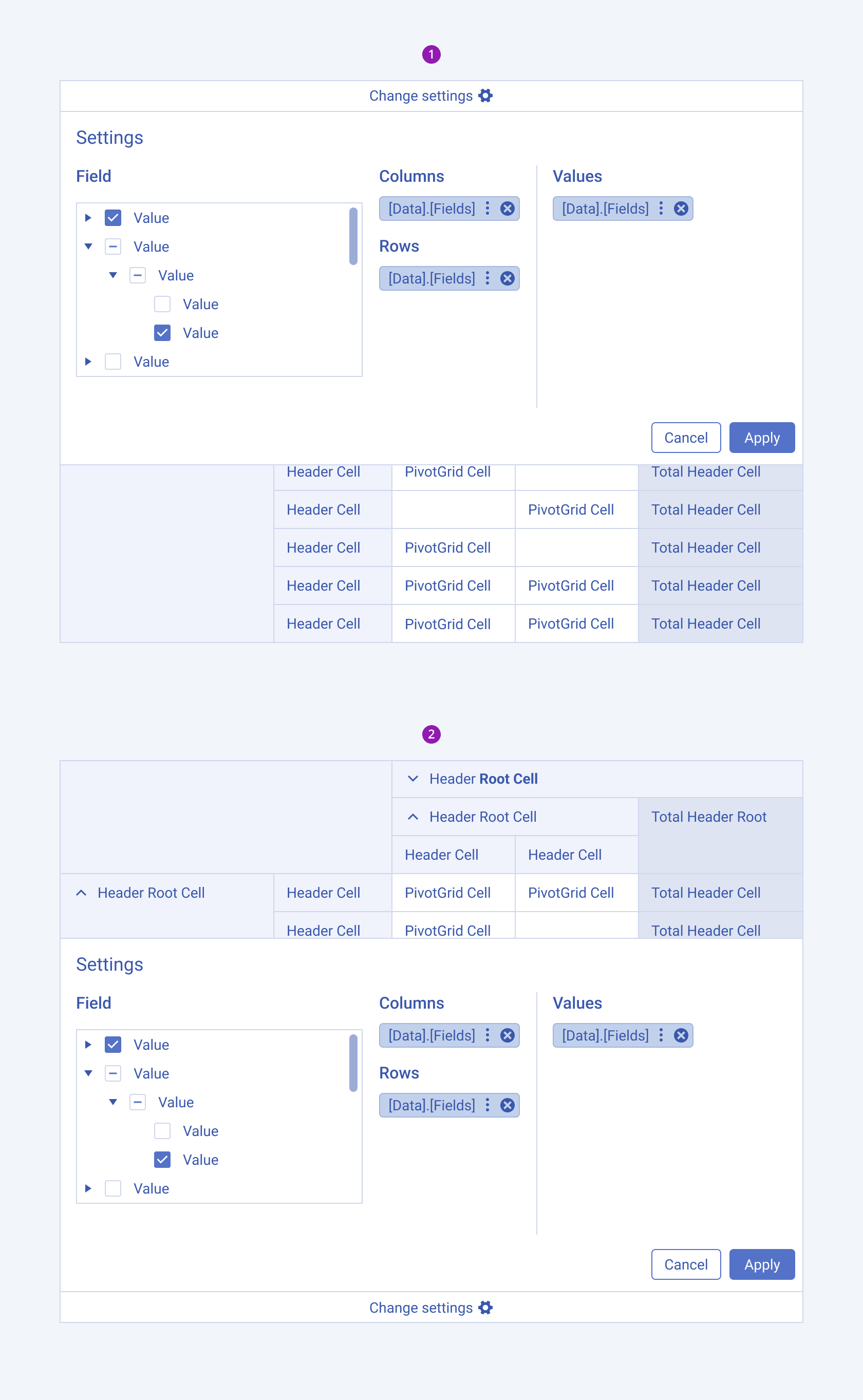 The Telerik and Kendo UI PivotGrid in horizontal orientation showing the top and bottom configurator alignment. The Telerik and Kendo UI PivotGrid component demonstrating the top and bottom alignment of the horizontal configurator.