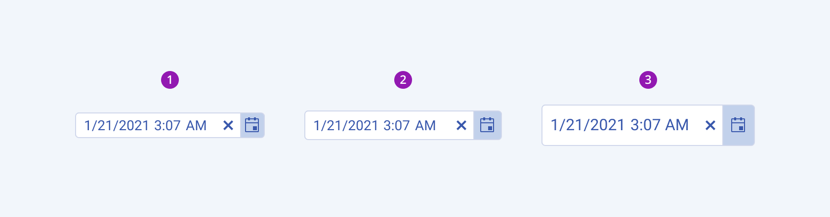 Available sizes in the Telerik and Kendo UI DateTimePicker component including small, default medium, and large. Three Telerik and Kendo UI DateTimePicker components demonstrating the small, default medium, and large sizes, respectively.
