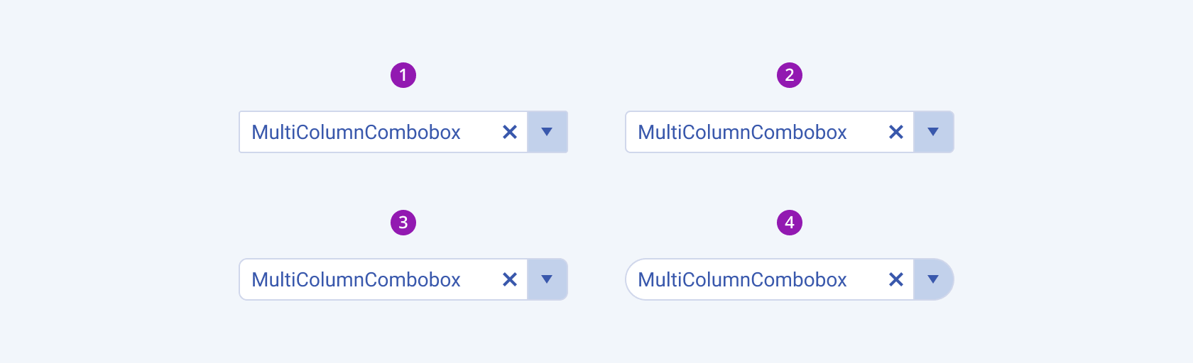 Four Telerik and Kendo UI MultiColumnComboBox components demonstrating the small, medium, large, and full rounded options respectively.
