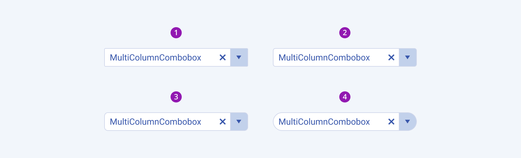 Available border radiuses in the Telerik and Kendo UI MultiColumnComboBox component including small, default medium, large, and full Four Telerik and Kendo UI MultiColumnComboBox components demonstrating the small, medium, large, and full rounded options respectively.